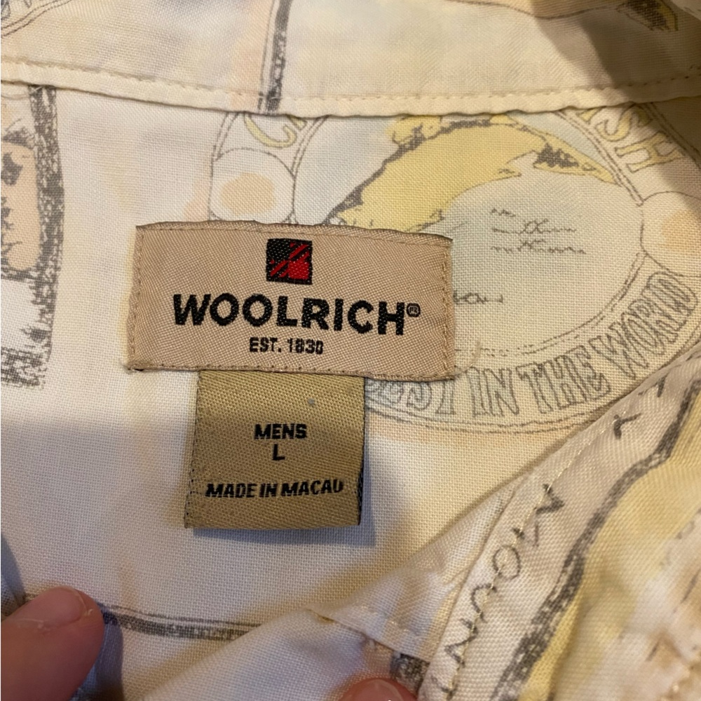 WOOLRICH Button Shirt Mens Large Cotton Short Sleeve All Over Print AOP Fishing - Picture 5 of 5